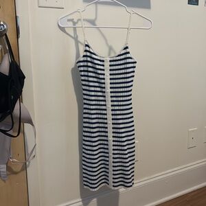 Lelis midi bodycon blue and white striped dress with buttons down the middle
